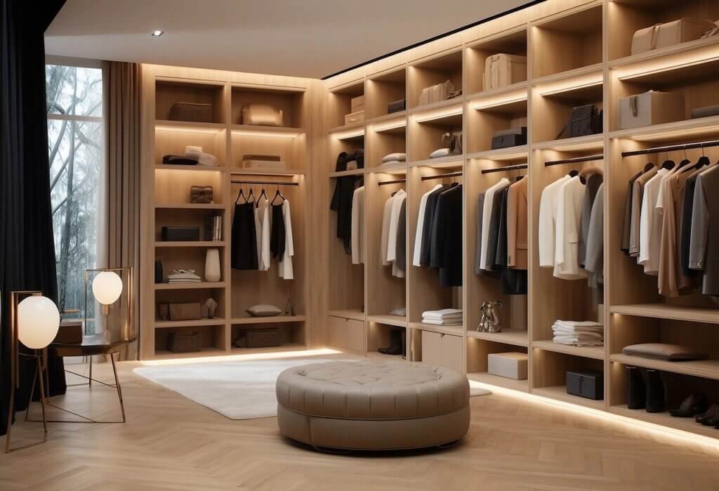 Modern closet design with integrated seating