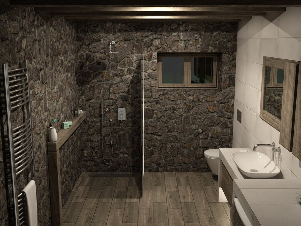 Modern bathroom with beamed ceiling