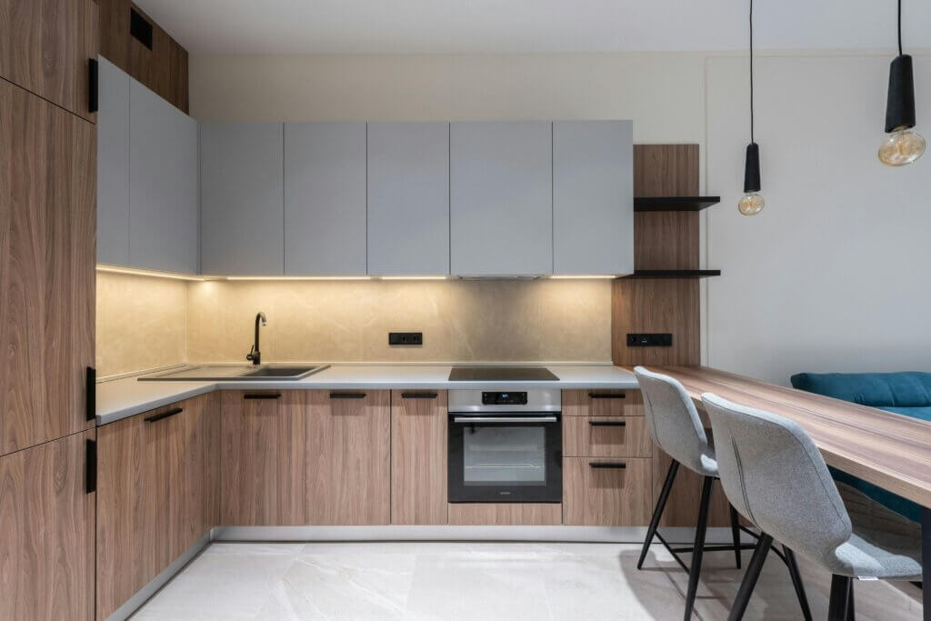 Minimalist kitchen with modern scandinavian cabinets