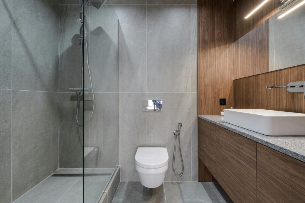 Contemporary bathroom with shower and floating vanity