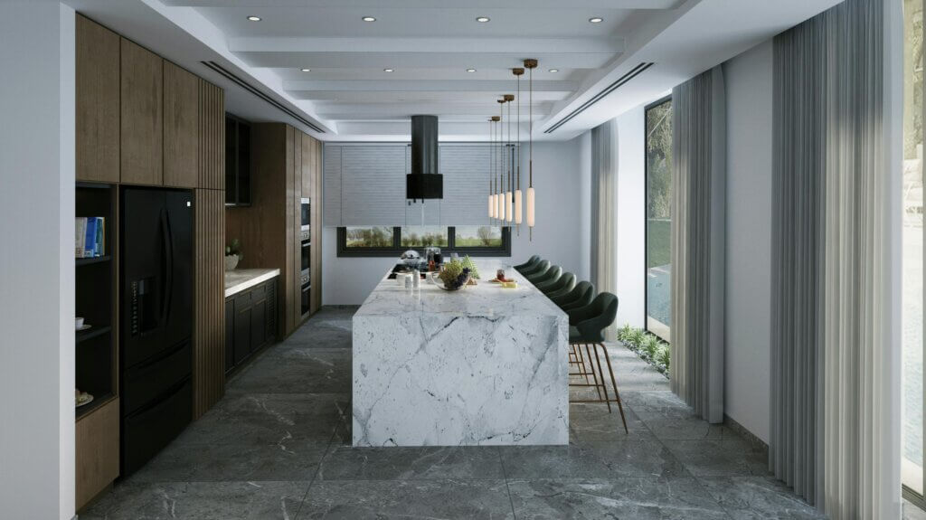 Modern kitchen with marble kitchen island, wooden cabinets and natural stone flooring