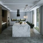Modern kitchen with marble kitchen island, wooden cabinets and natural stone flooring