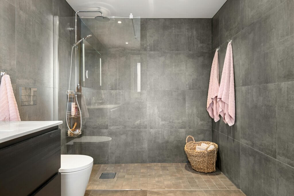 Contemporary bathroom with open shower