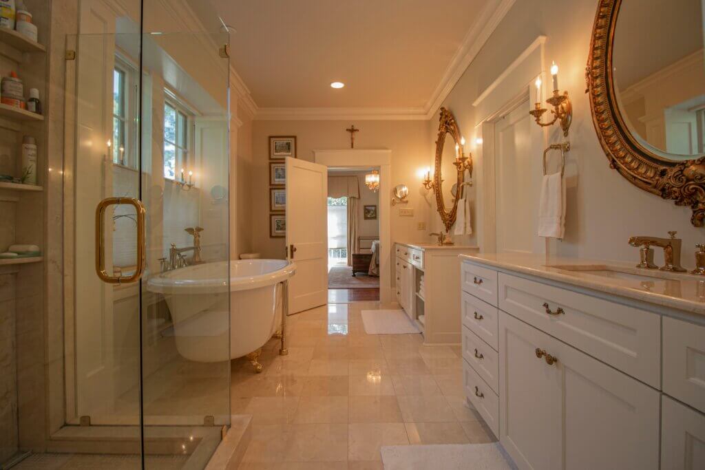 Vintage bathroom with statement lighting