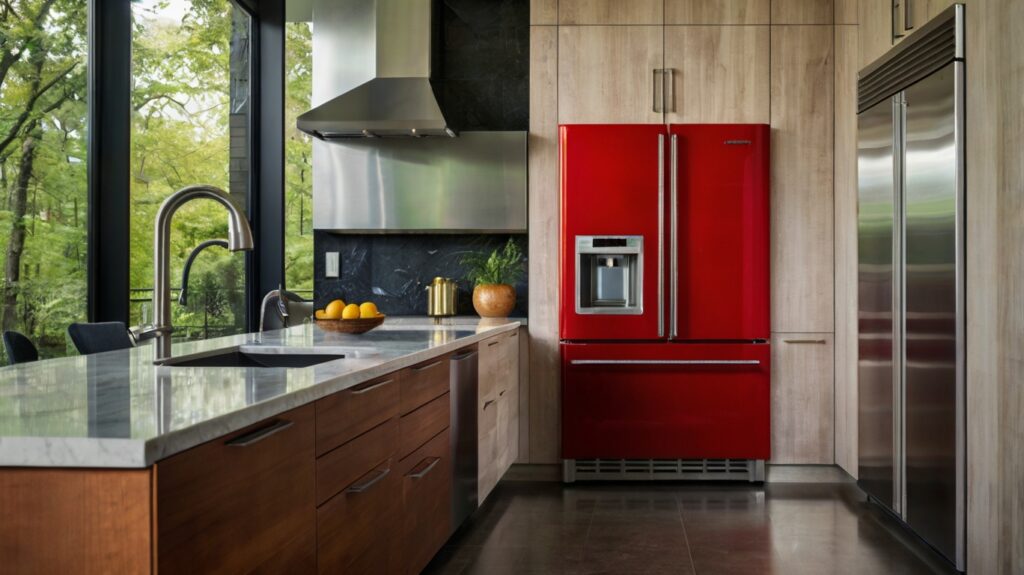 modern kitchen design featuring a red refrigerator and stainless steel appliances
