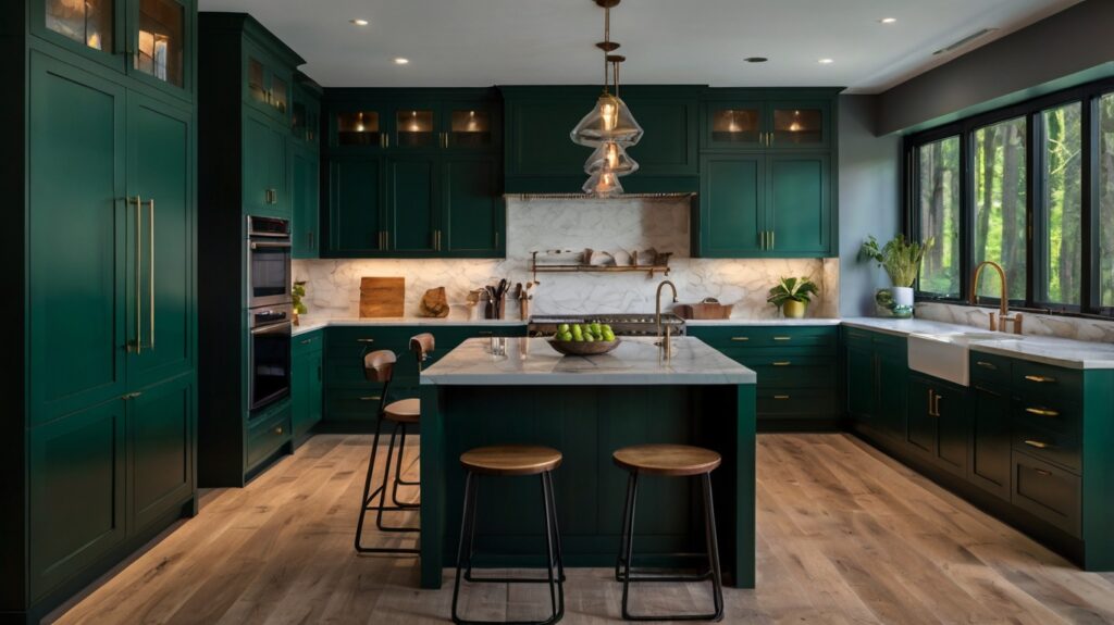 modern kitchen design in a deep forest green color scheme