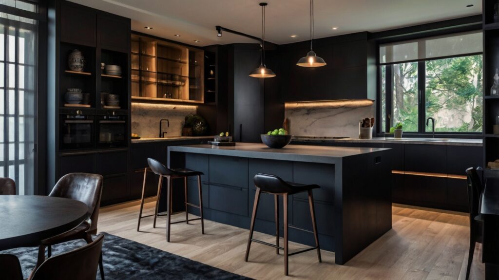dramatic black modern kitchen 