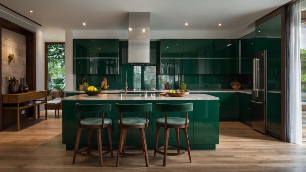 modern kitchen design in a rich green color
