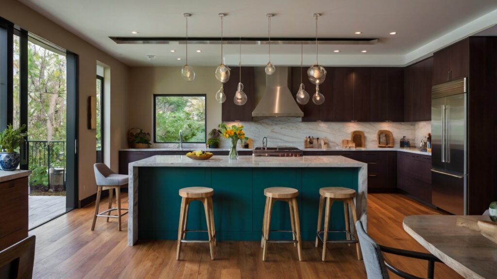 modern kitchen featuring a large kitchen island in a bold color