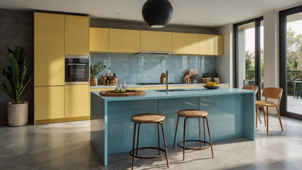 modern kitchen in soft yellow and light blue color scheme