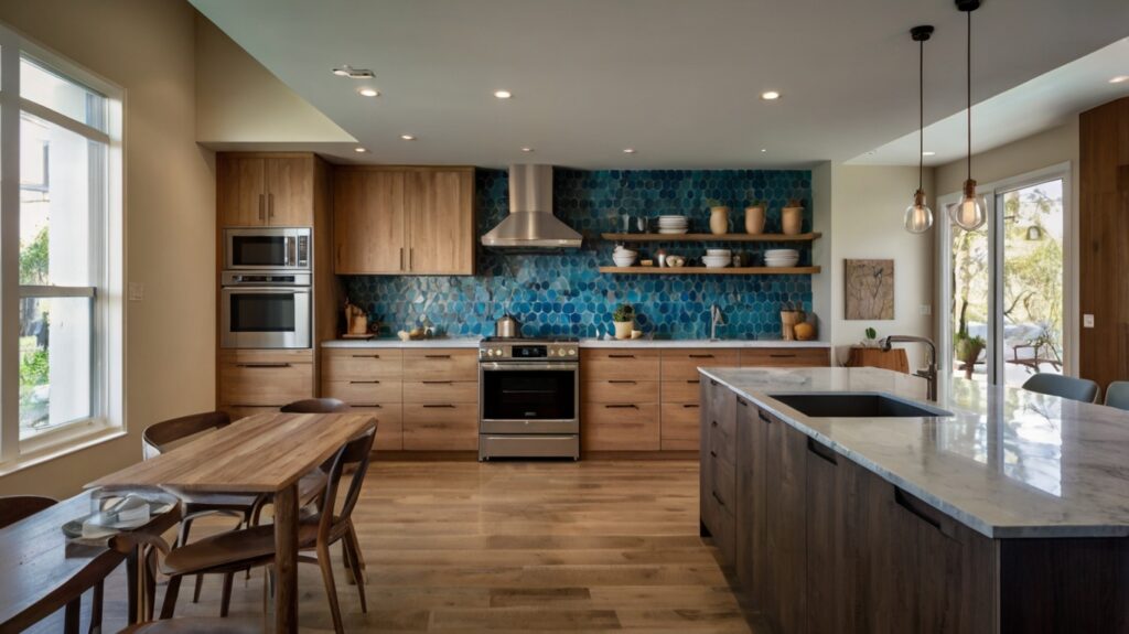 modern kitchen with an open-concept kitchen layout featuring a creative backsplash