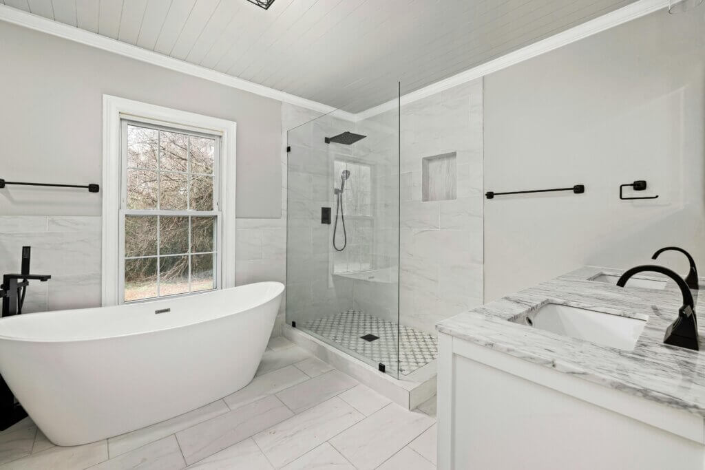 Modern bathroom with solid brass faucet and porcelain tiles