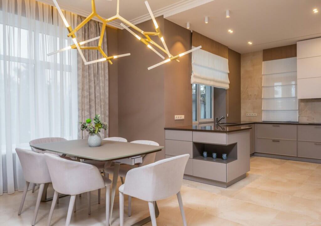 Minimalist kitchen with porcelain floor tiles