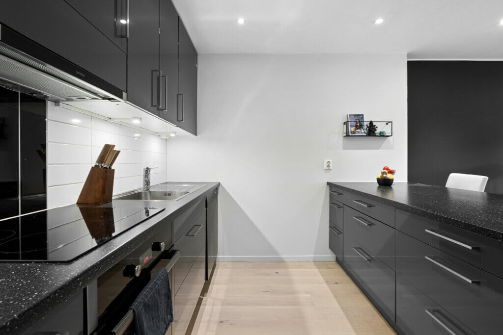 Modern kitchen in dramatic black color scheme