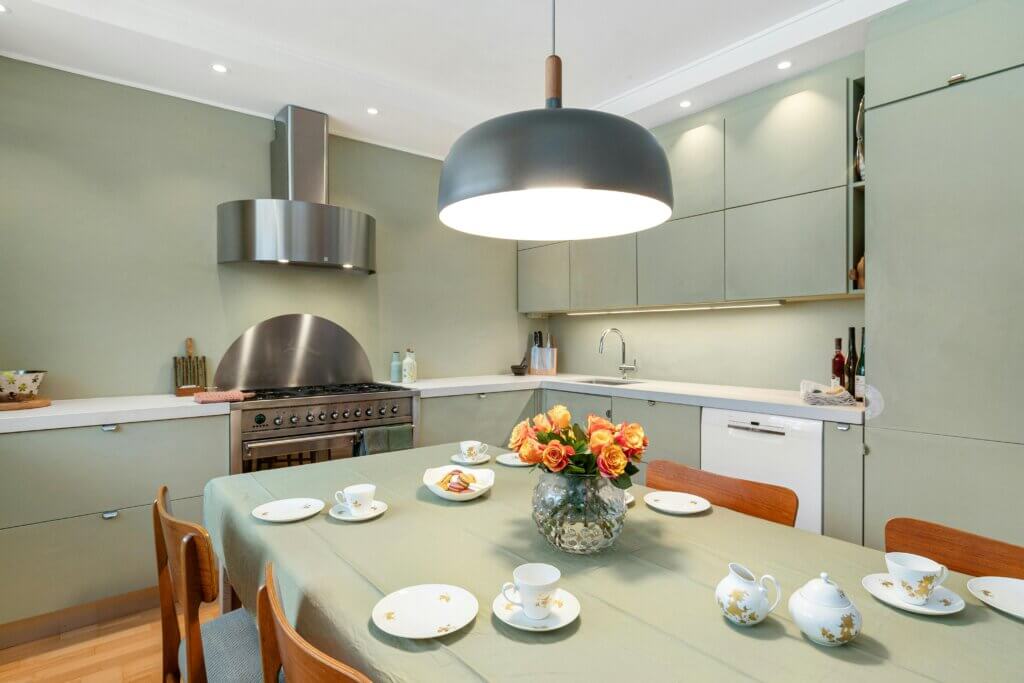 Modern kitchen in sage green color scheme