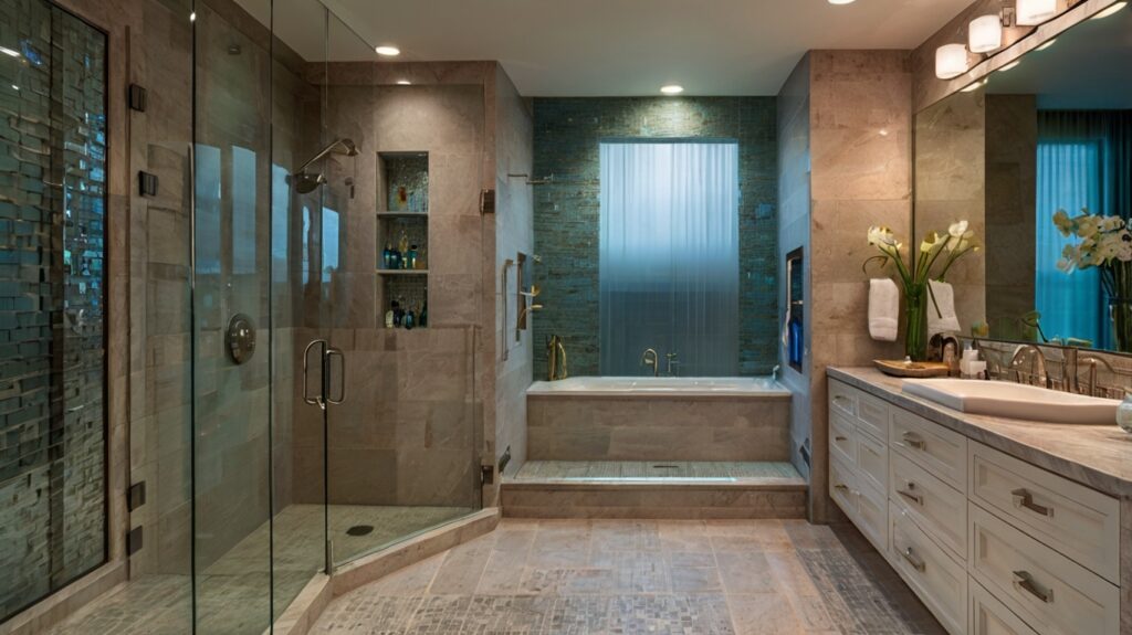 luxurious bathroom featuring a frameless shower enclosure glass tile accent and mirrored cabinet