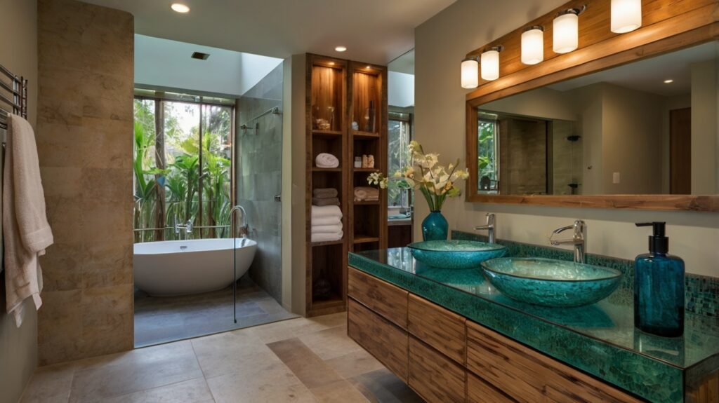 Luxurious bathroom featuring a recycled glass countertop and bamboo cabinetry and flooring