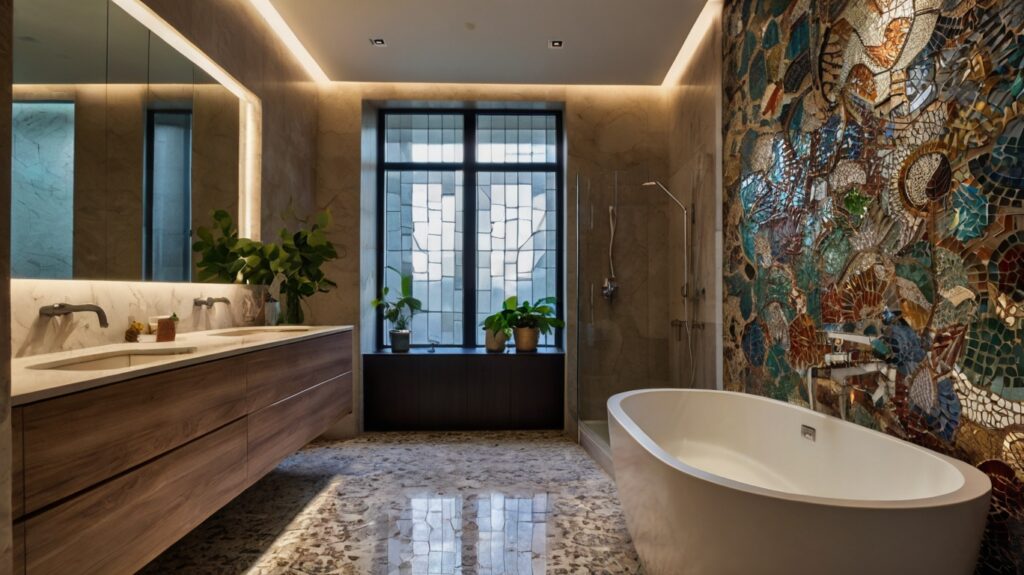 Luxury Bathroom Design featuring artisan mosaic as a feature wall 