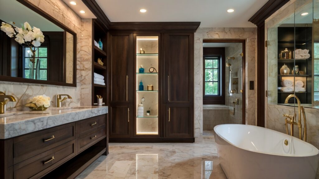 Luxury Bathroom Design featuring custom cabinetry and wood-finished 