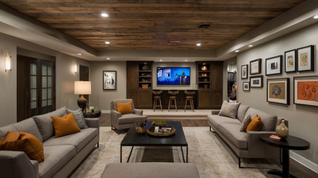 basement design featuring a plank ceiling