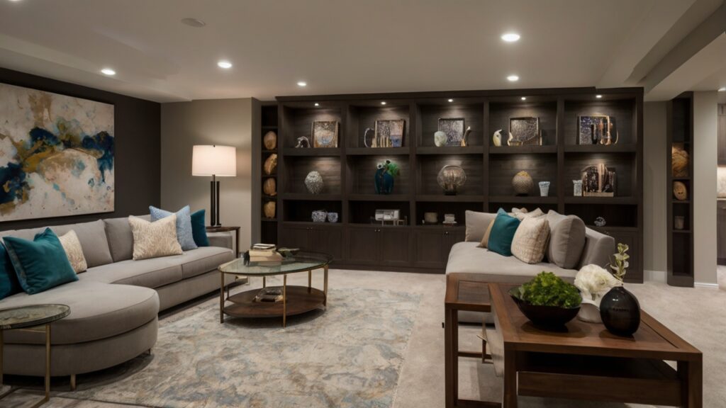 basement design featuring sleek furniture and decor