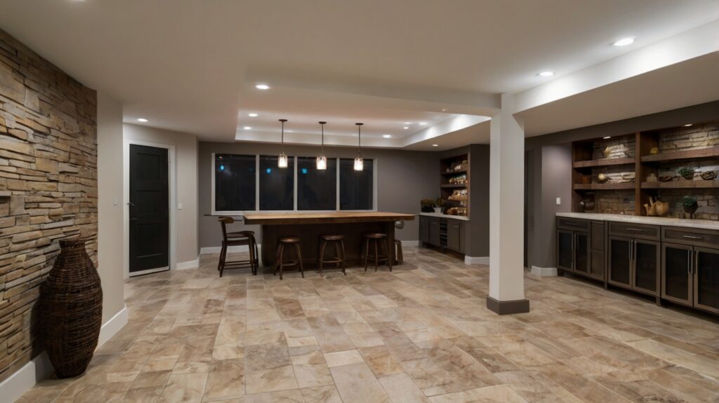 basement design with ceramic flooring