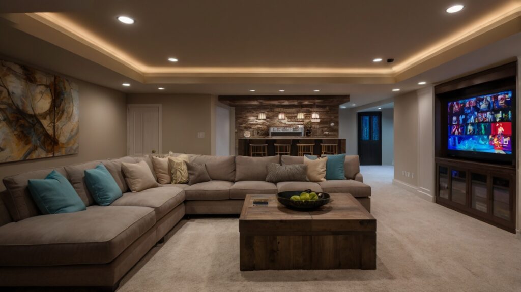 basement entertainment room featuring ambient lighting