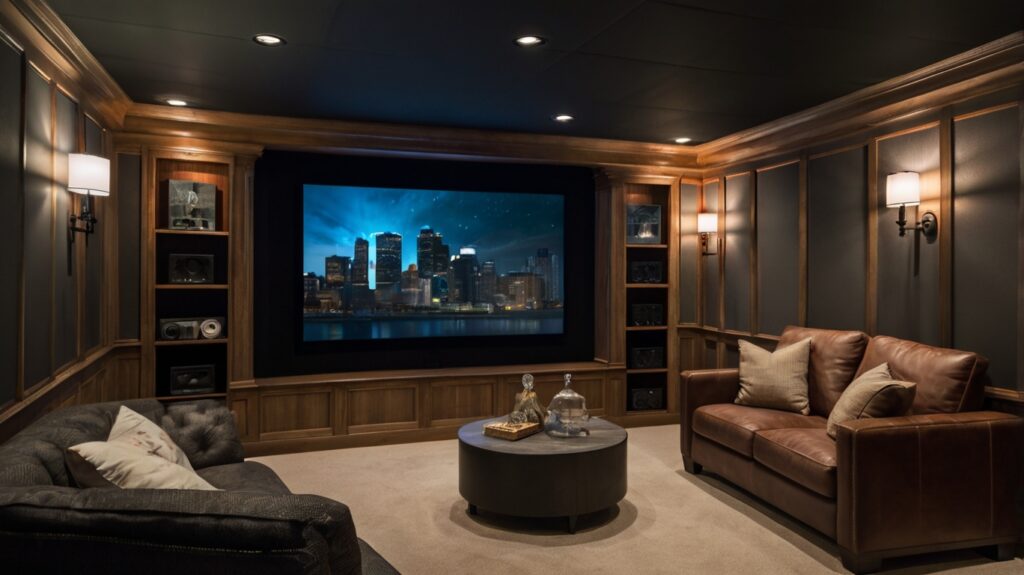 basement home theater featuring a soundproof wall