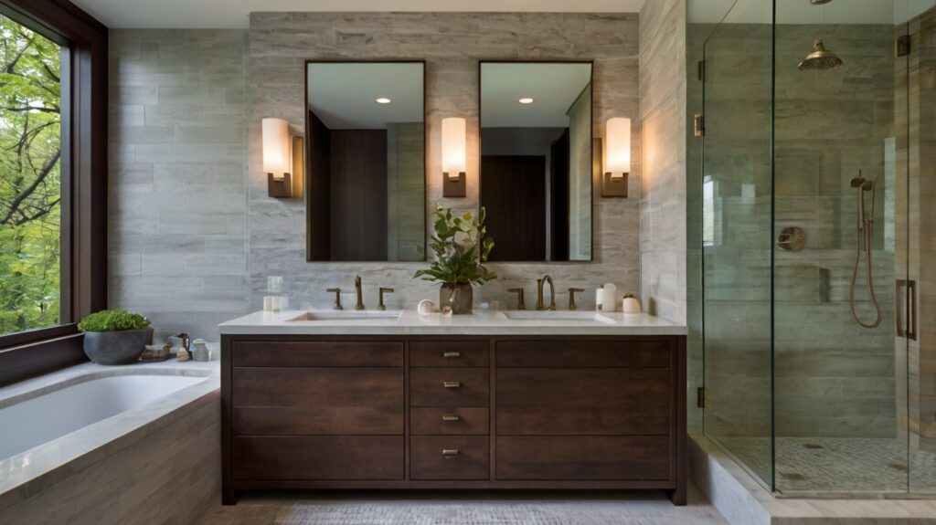 bathroom design featuring compact double vanities