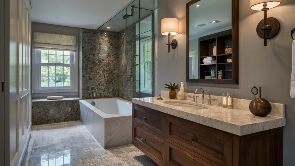 bathroom design featuring a custom vanity with an integrated sink and countertop 