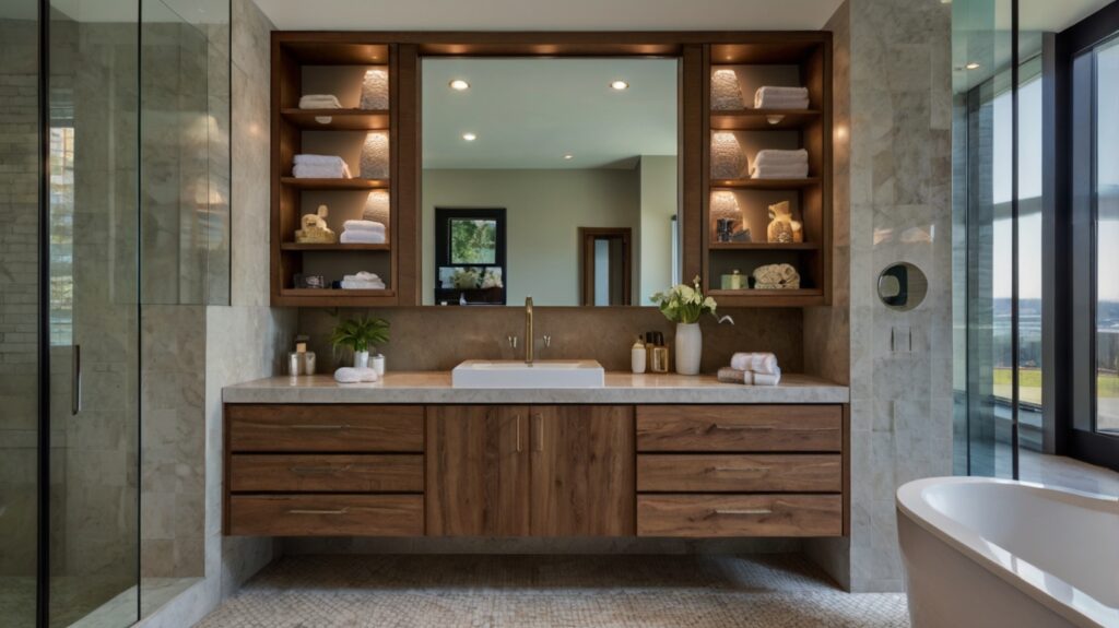 bathroom design featuring a custom vanity with built-in storage solutions 