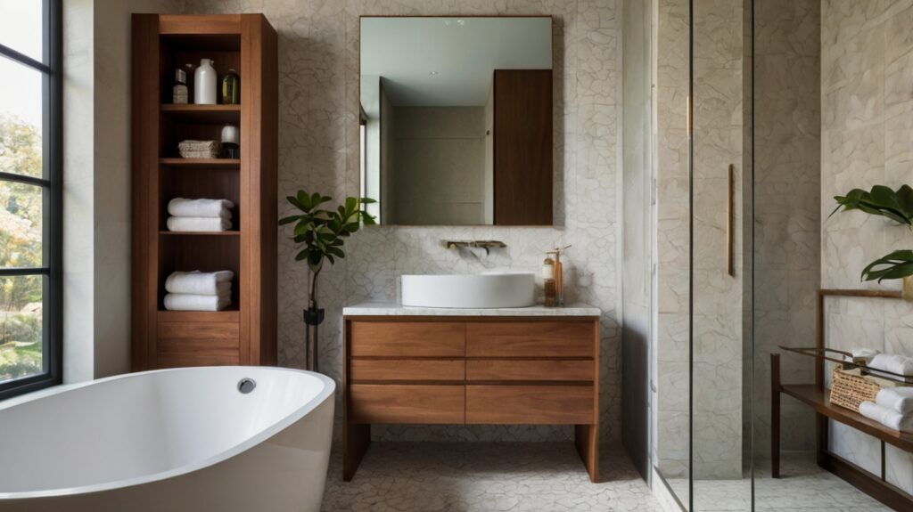 bathroom design featuring a slim vanity and tall cabinet 