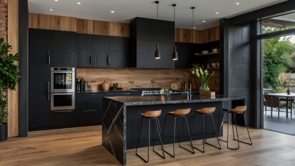 black kitchen design featuring natural elements