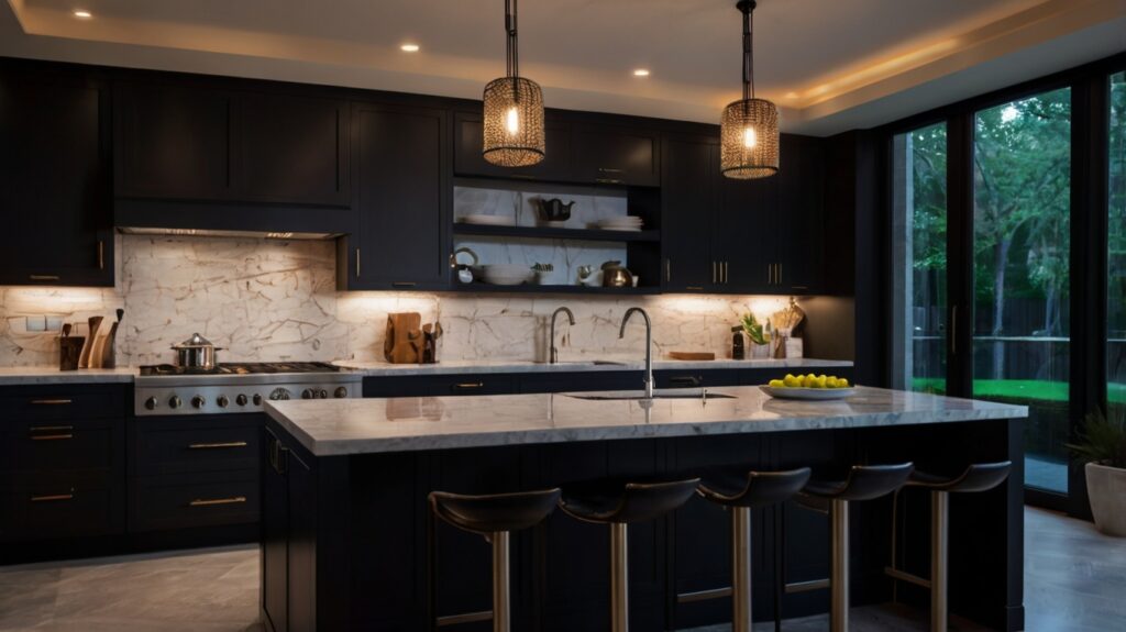 black kitchen design with ambient lighting fixtures