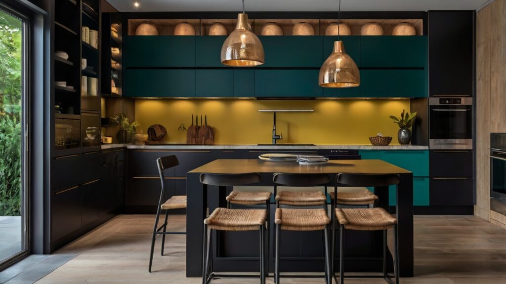 black kitchen design with colored cabinet fronts