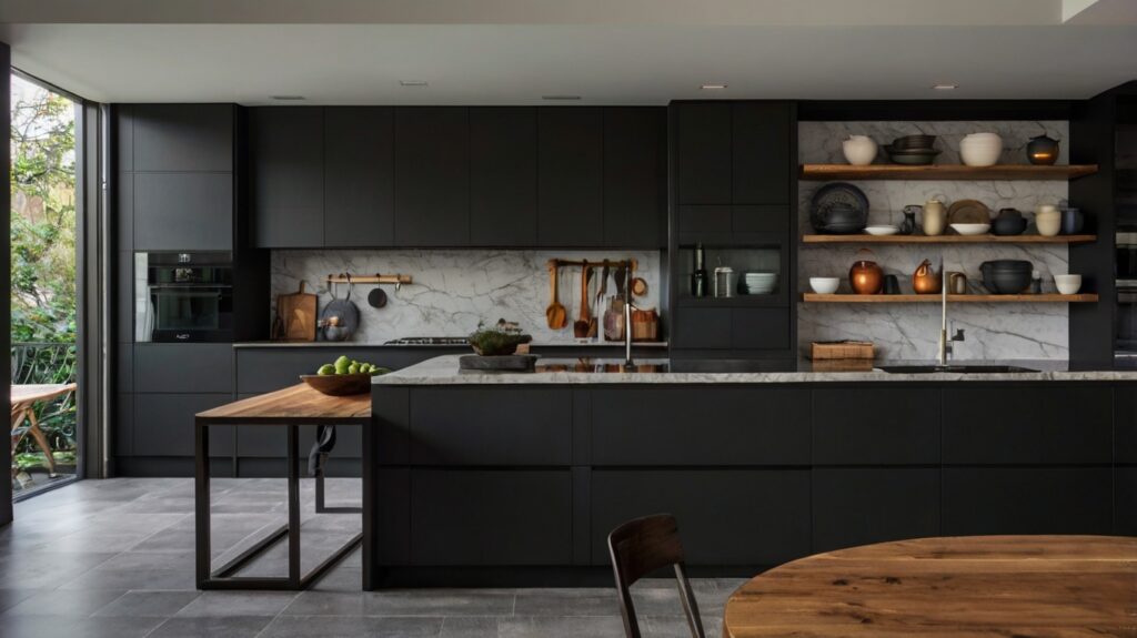 black kitchen design with open shelving and display