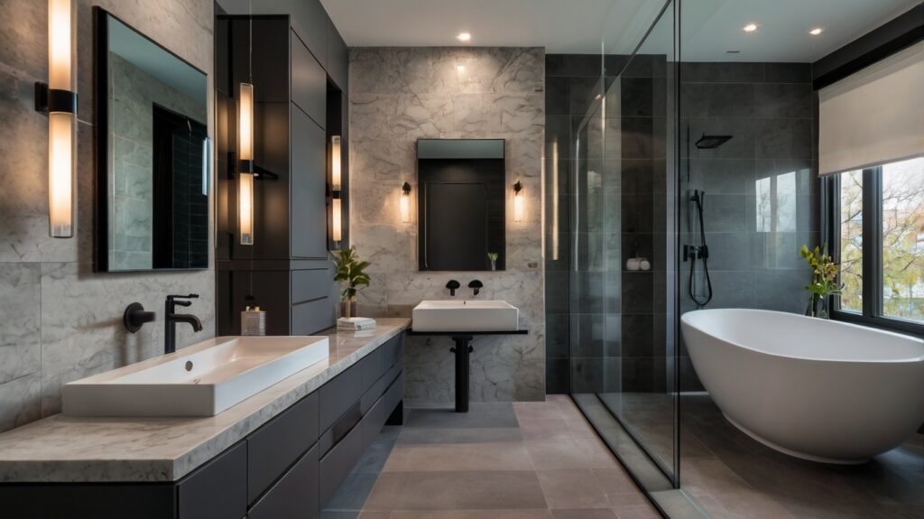 contemporary bathroom design in various shades of gray color scheme