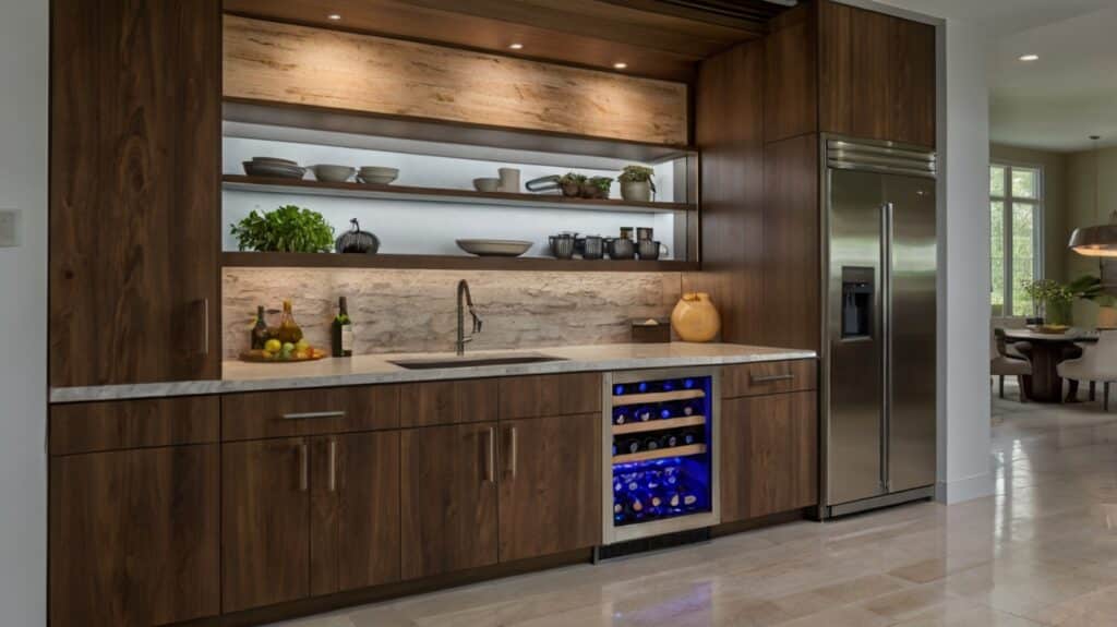 modern kitchen cabinets featuring a beverage center 