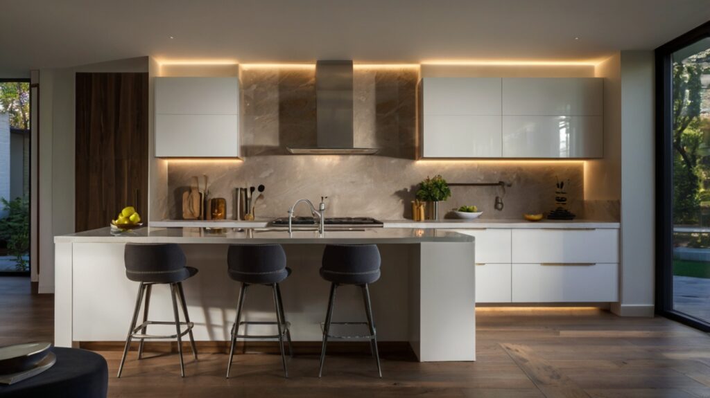 modern kitchen cabinets featuring integrated lighting