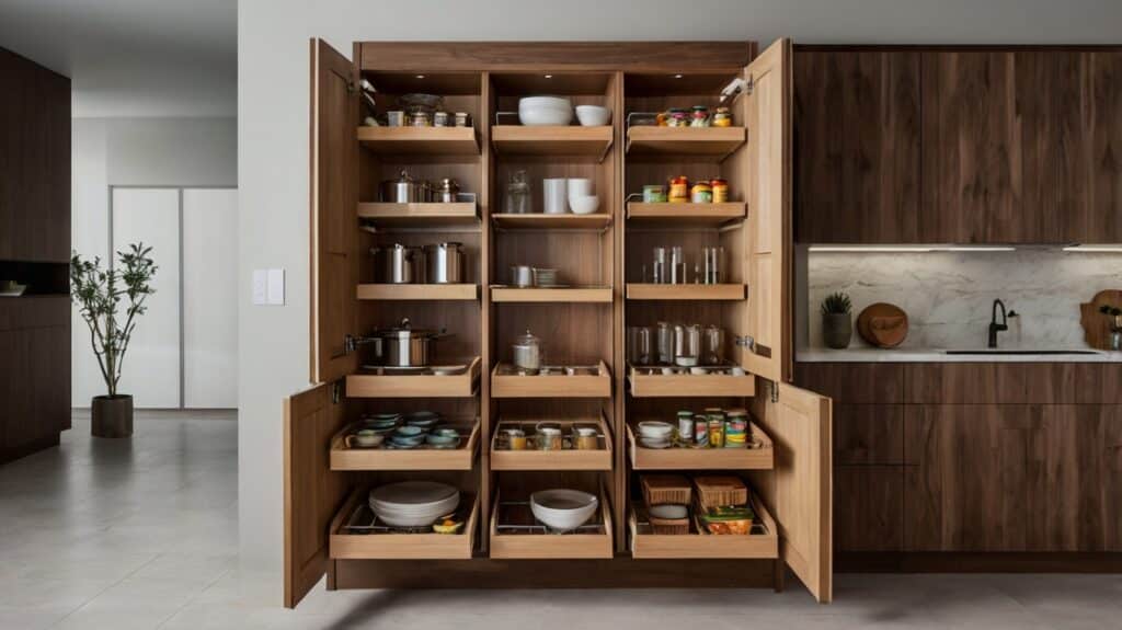 modern kitchen cabinets featuring pull-out pantry shelves