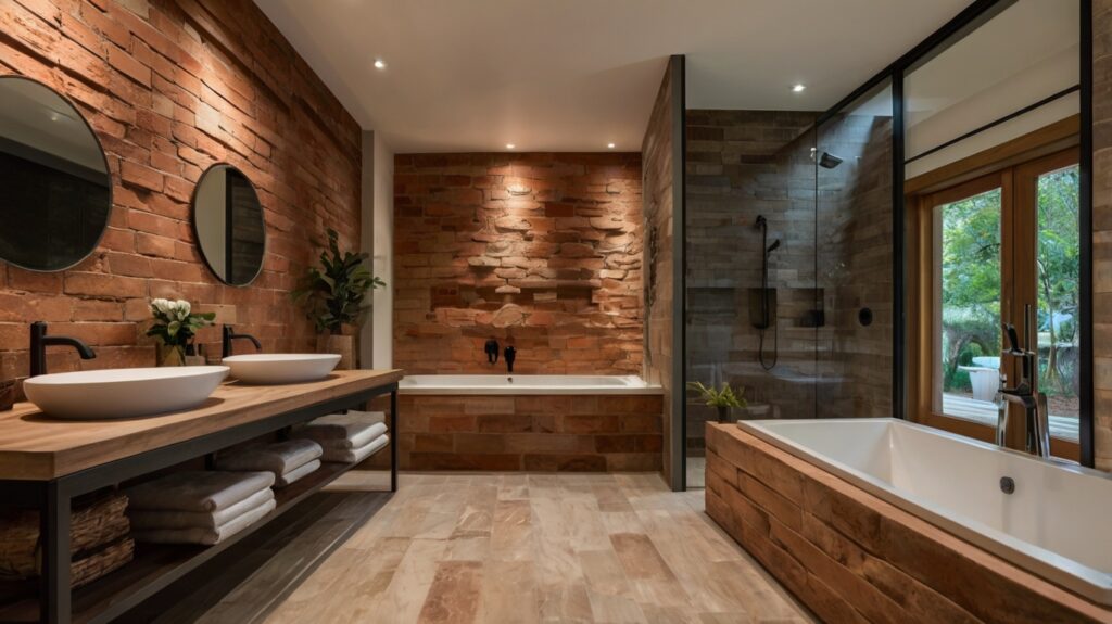 modern rustic bathroom design featuring terracotta tiles, natural stone elements, and wooden accents