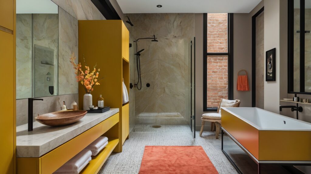 sleek bathroom design featuring mustard yellow cabinetry and coral accessories