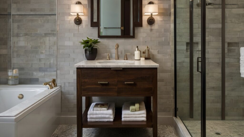 small bathroom design featuring a custom single vanity with a narrow depth