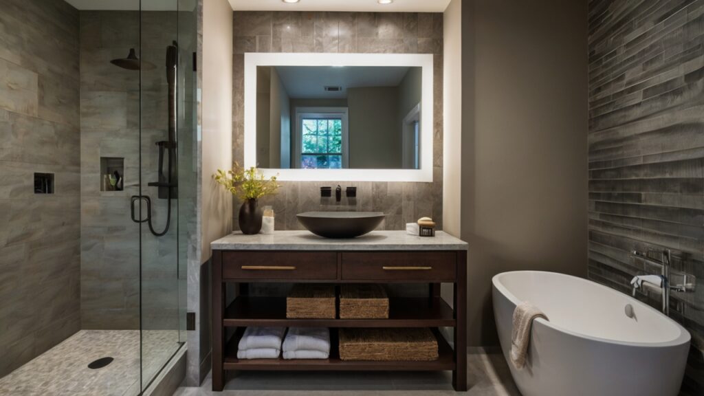 small bathroom design featuring a custom vanity with a minimalist design