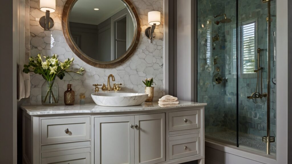small bathroom design featuring a custom vanity with reflective finishes 