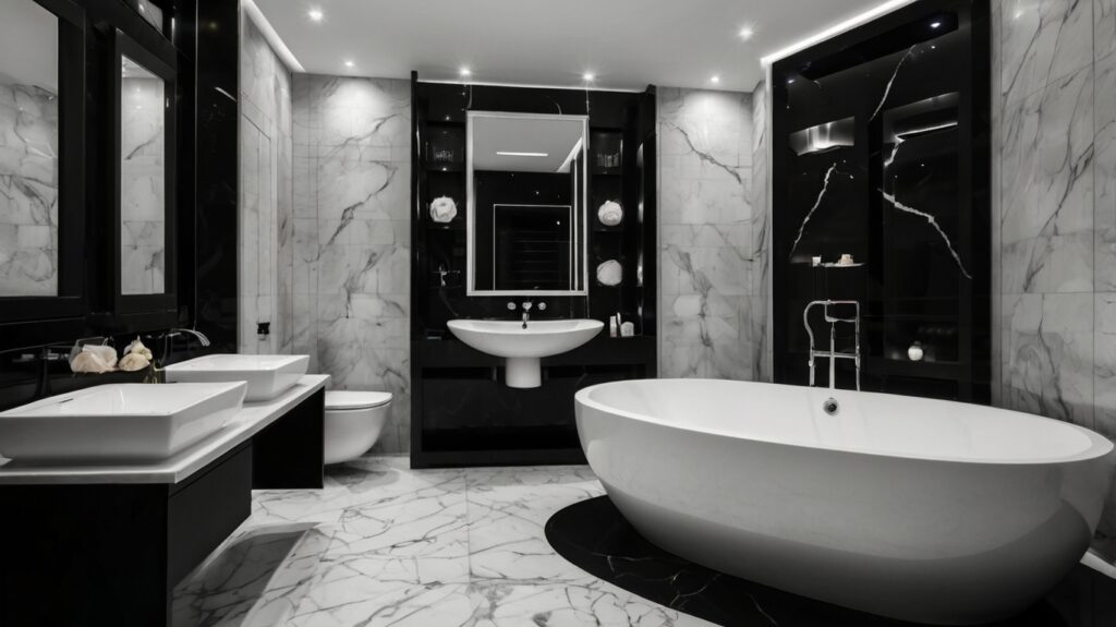 stunning bathroom in a black-and-white color scheme