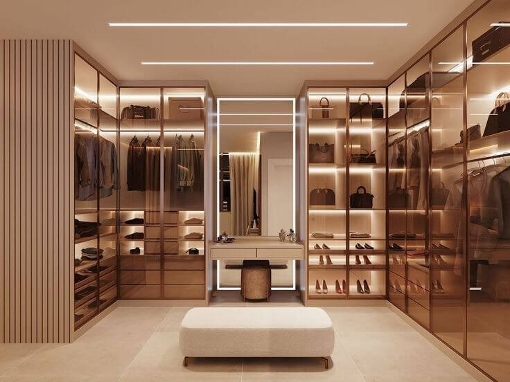 Backlit Mirrors in modern walkin wardrobe