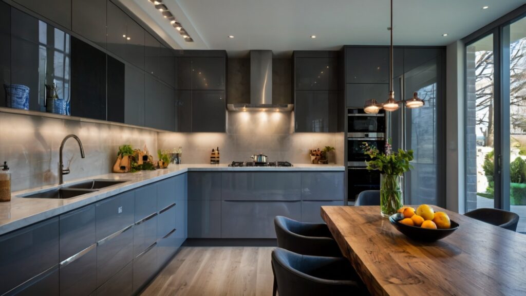 Contemporary Grey Kitchen Design featuring High-gloss grey cabinets 