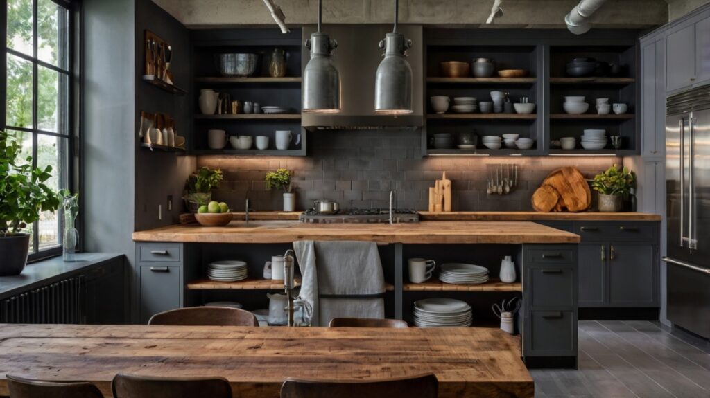 Industrial Grey Kitchen Design with butcher block countertop