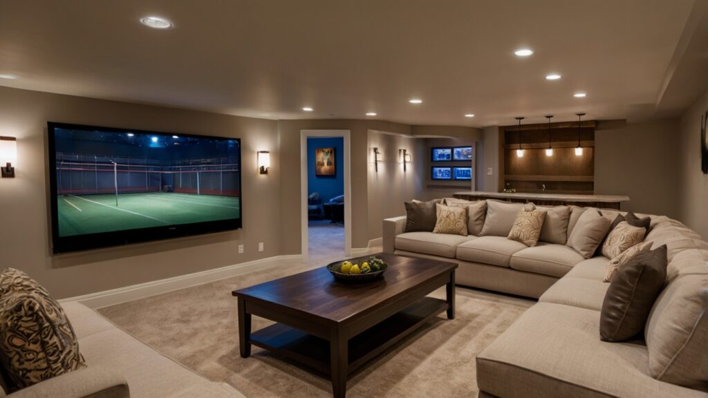 basement entertainment room featuring a low ceiling with cove lighting
